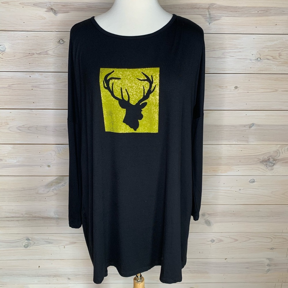 Christmas Top Black Long Sleeve Tunic With Reindeer Graphic
